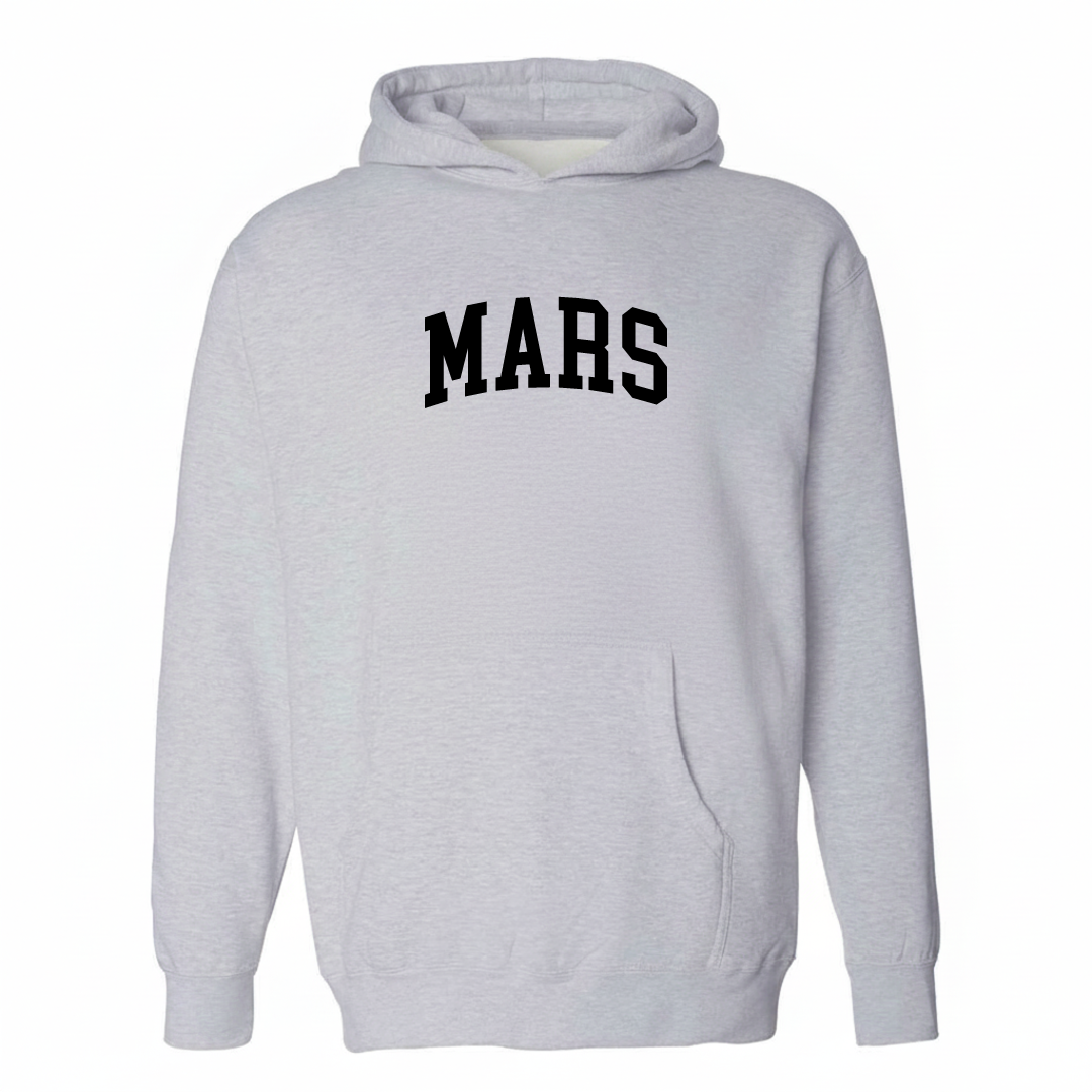 Heather-gray hoodie with the Mars PA varsity arched lettering design on the chest.
