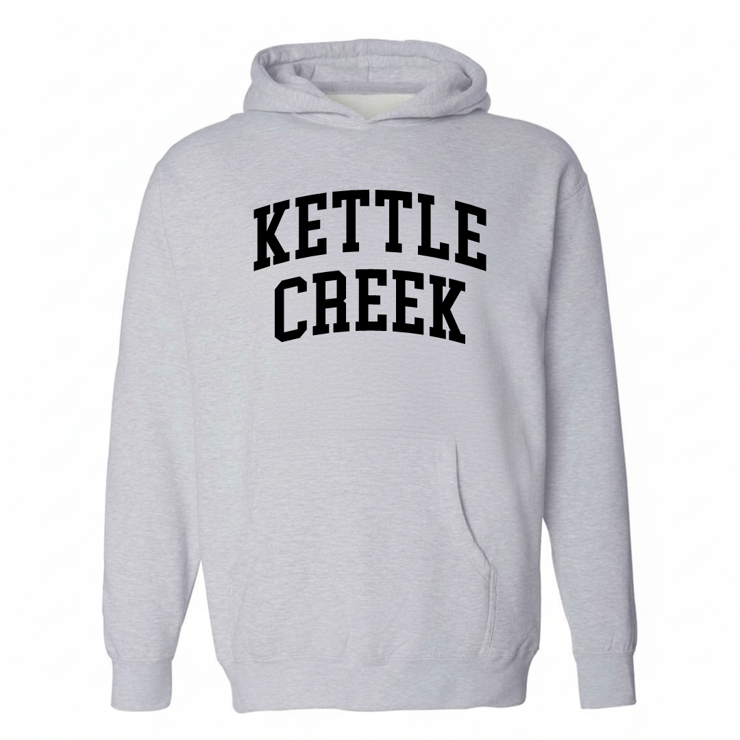 Heather-gray hoodie with the Kettle Creek arched lettering design on the chest.