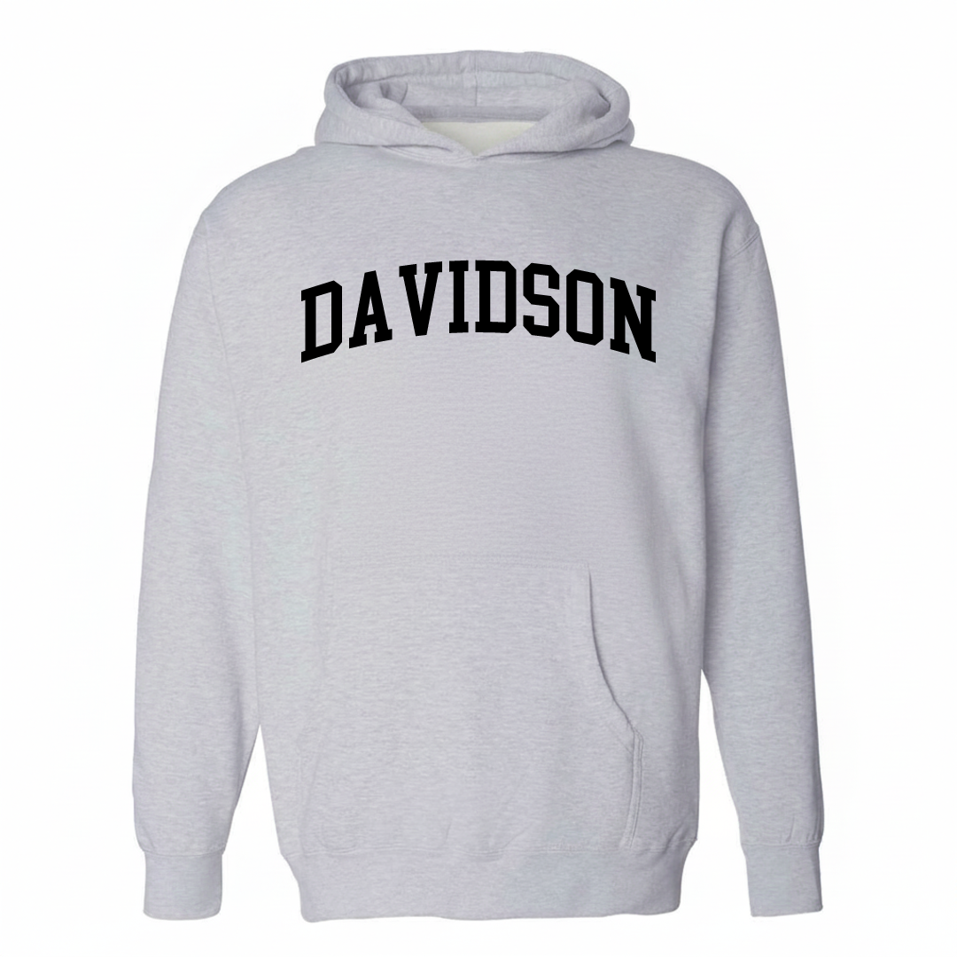 Heather-gray hoodie with the Davidson arched varsity lettering design on the chest.