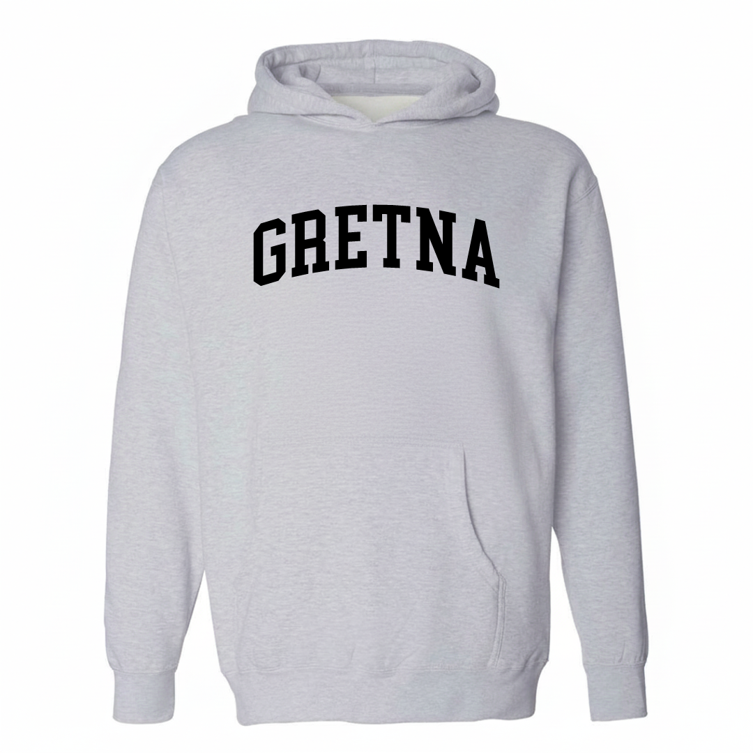 Heather-gray hoodie with the Gretna arched lettering design on the chest.