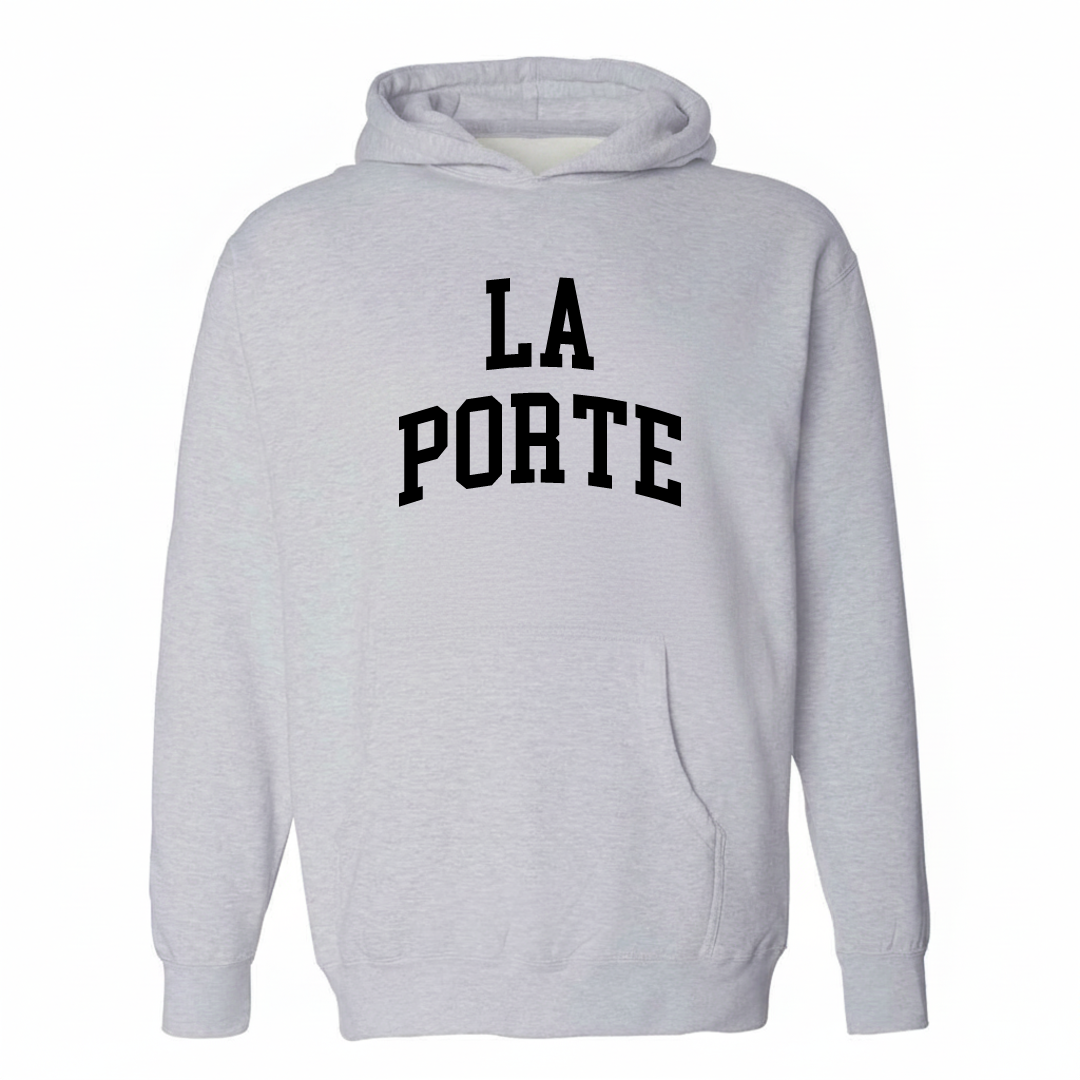 Heather-gray hoodie with the La Porte arched lettering design on the chest.