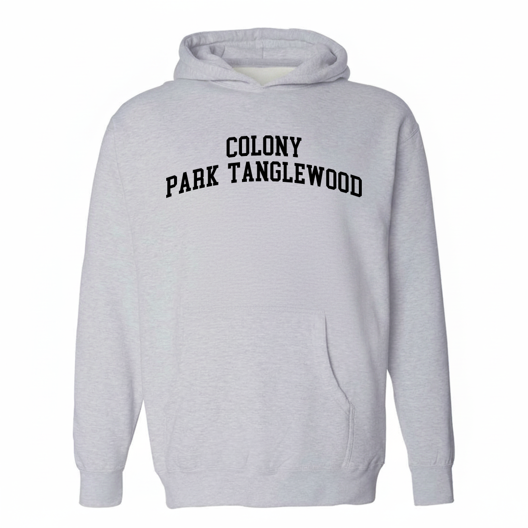 Heather-gray hoodie with the Colony Park Tanglewood arched lettering varsity-collegiate design on the chest.