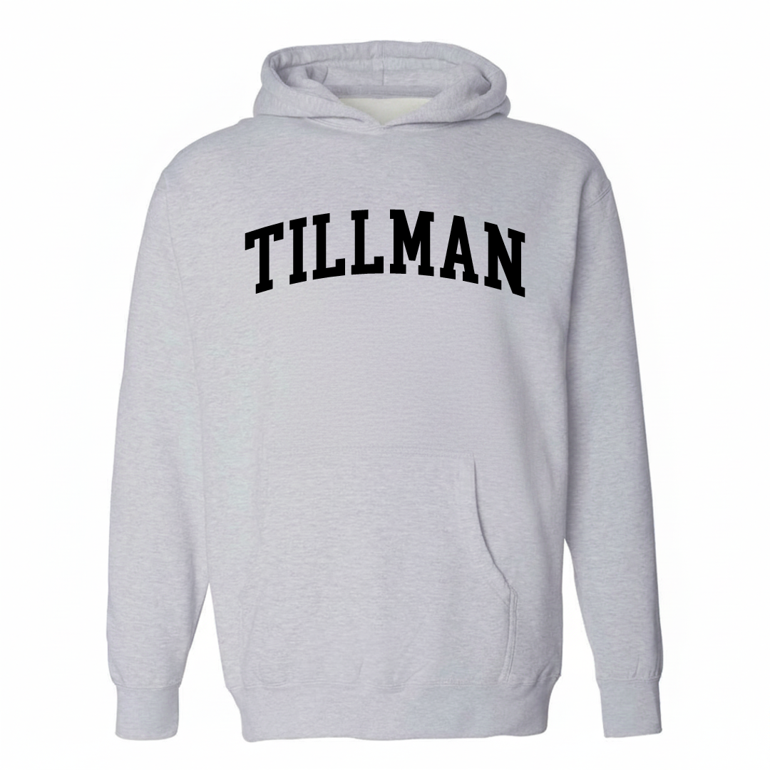 Heather-gray hoodie with the Tillman arched lettering varsity-collegiate design on the chest.