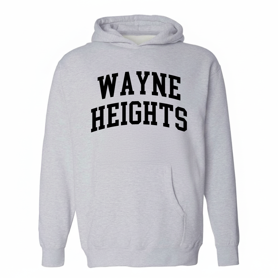 Heather-gray hoodie with the Wayne Heights arched lettering design on the chest.