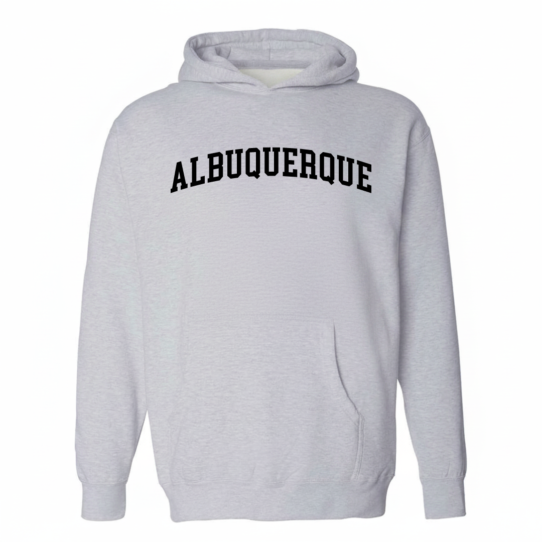 Heather-gray hoodie with the Albuquerque arched varsity lettering design on the chest.