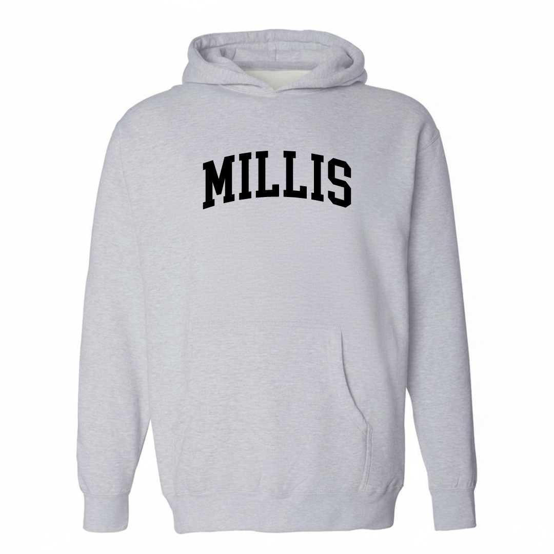 Heather-gray hoodie with the Millis varsity arched lettering design on the chest.