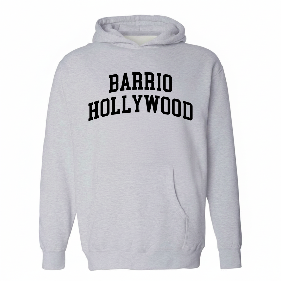 Heather-gray hoodie with the Barrio Hollywood varsity arched lettering design on the chest.