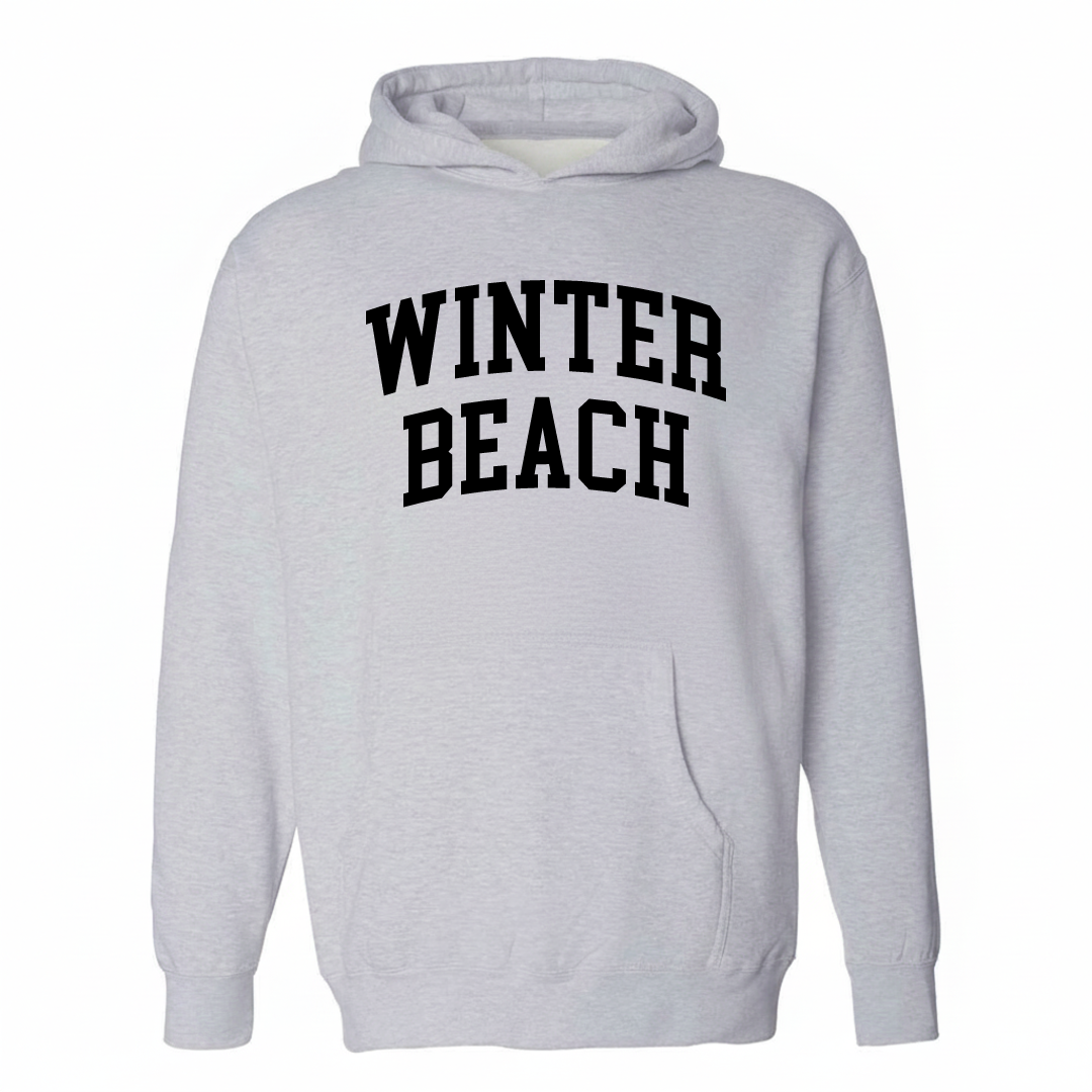 Heather-gray hoodie with the Winter Beach varsity arched lettering design on the chest.