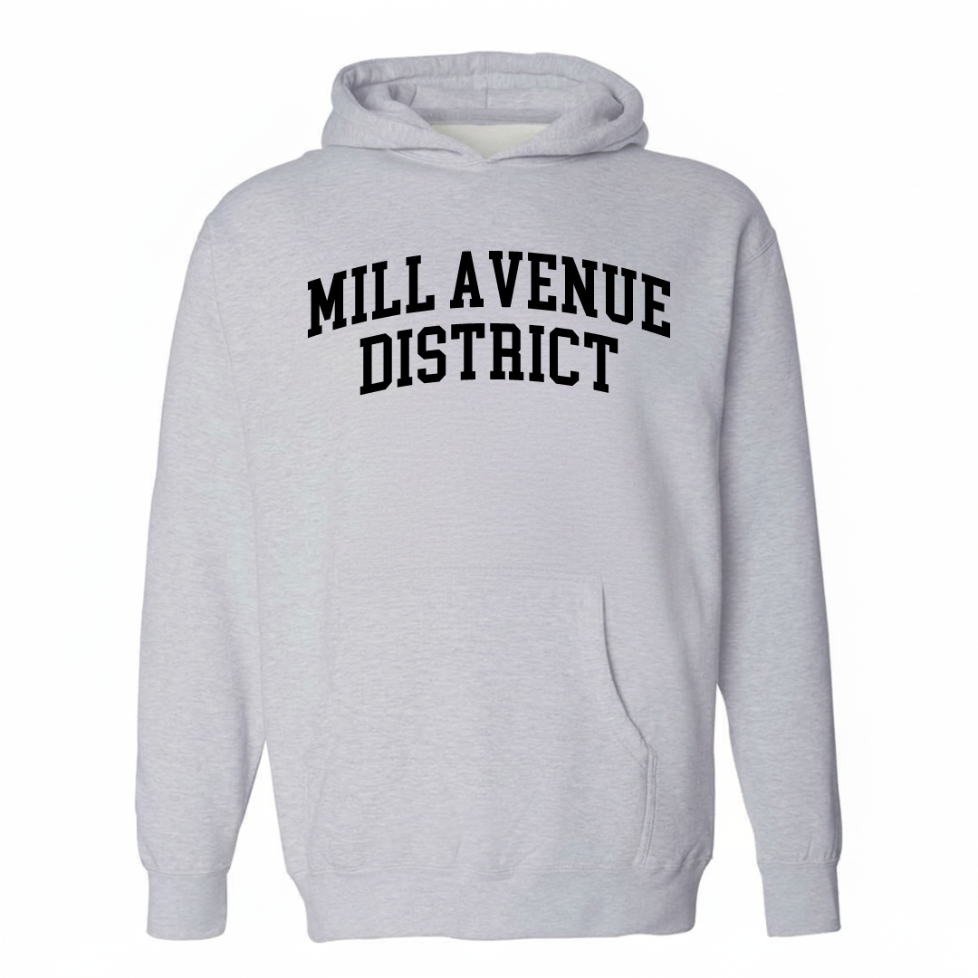 Heather-gray hoodie with the Mill Avenue District varsity arched lettering design on the chest.