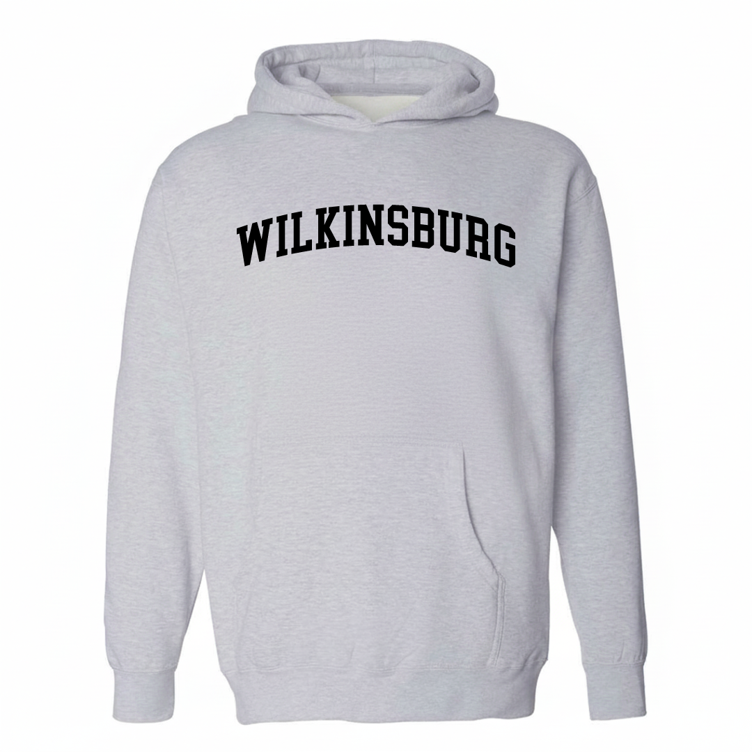 Heather-gray hoodie with the Wilkinsburg varsity arched lettering design on the chest.