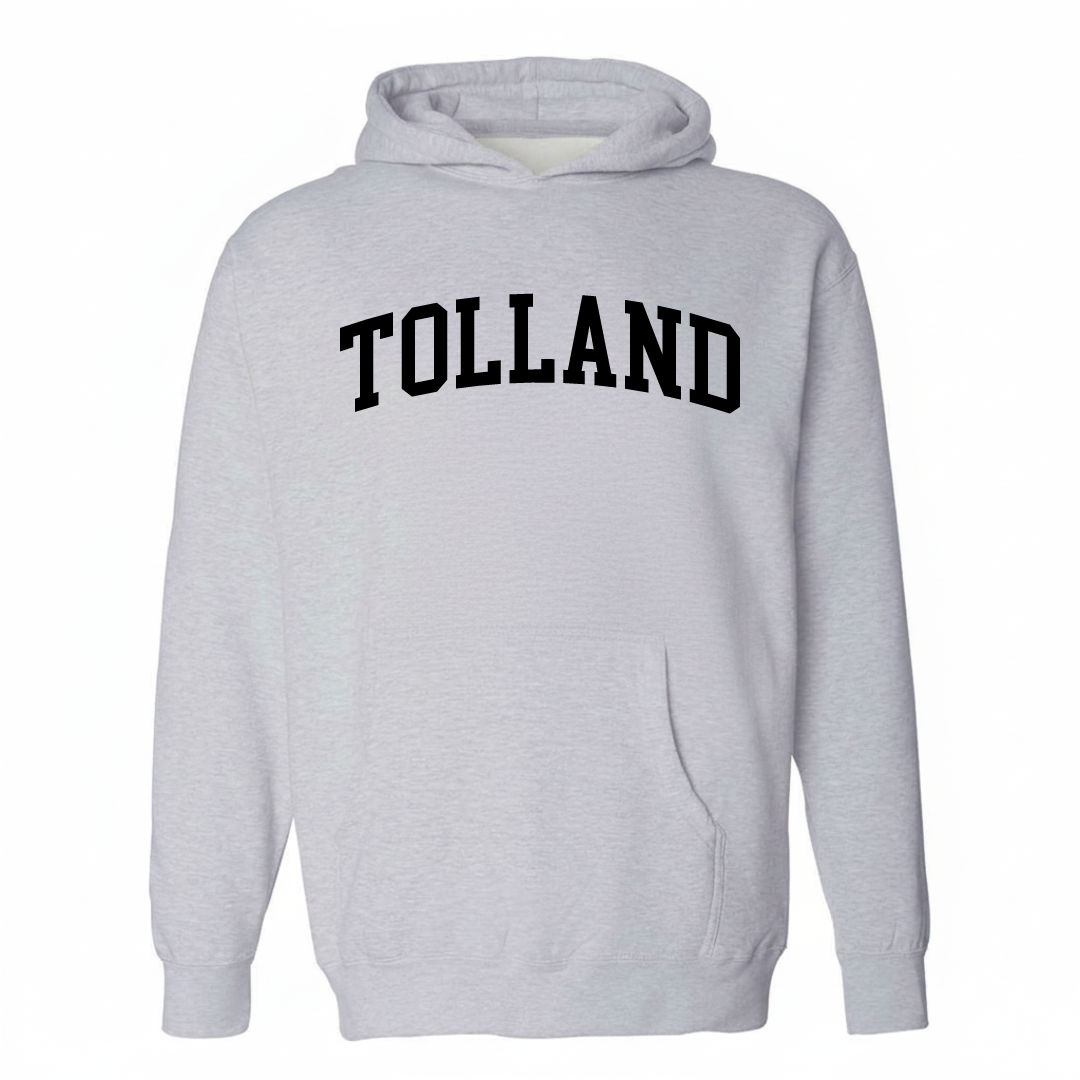Heather-gray hoodie with the Tolland varsity arched lettering design on the chest.