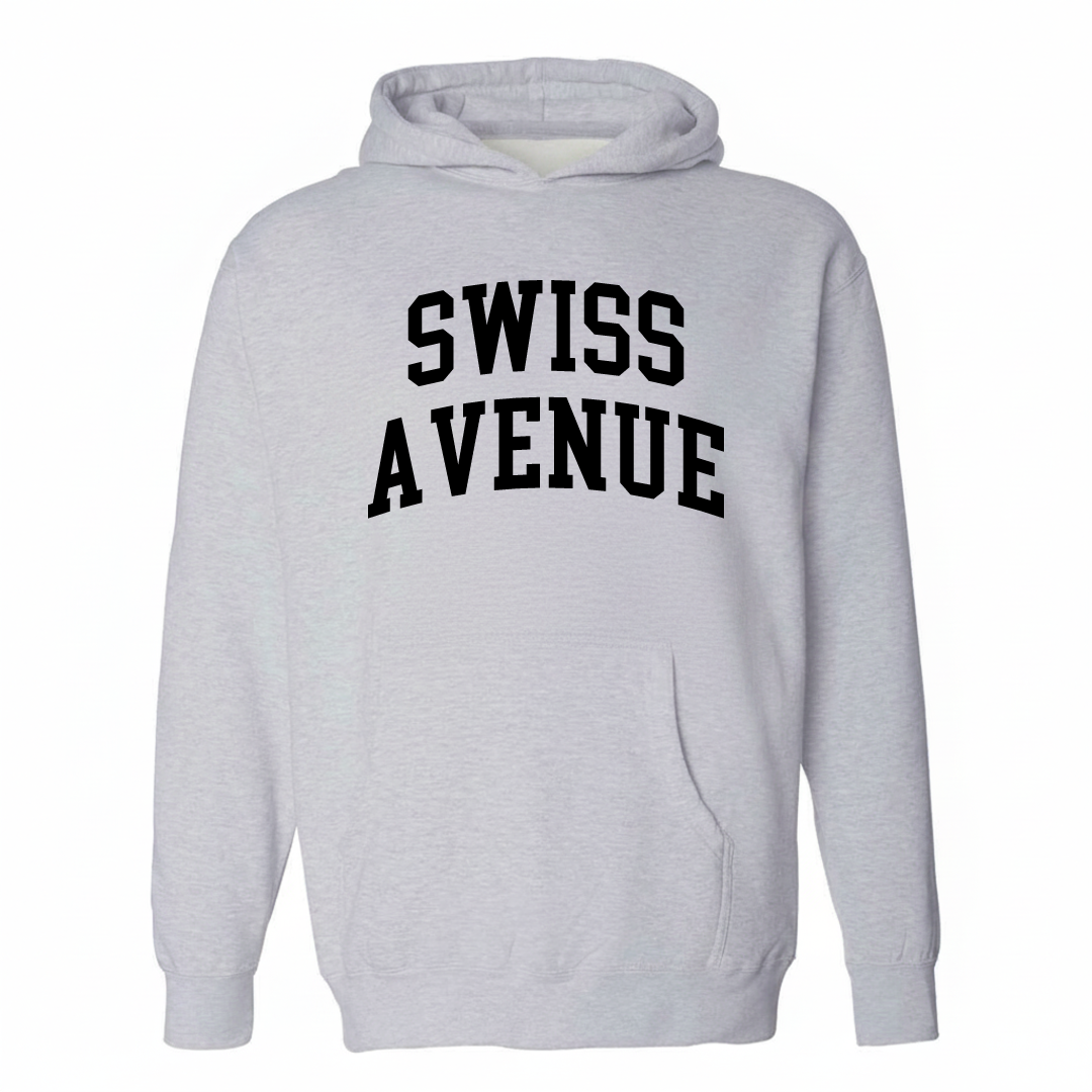 Heather-gray hoodie with the Swiss Avenue varsity arched lettering design on the chest.