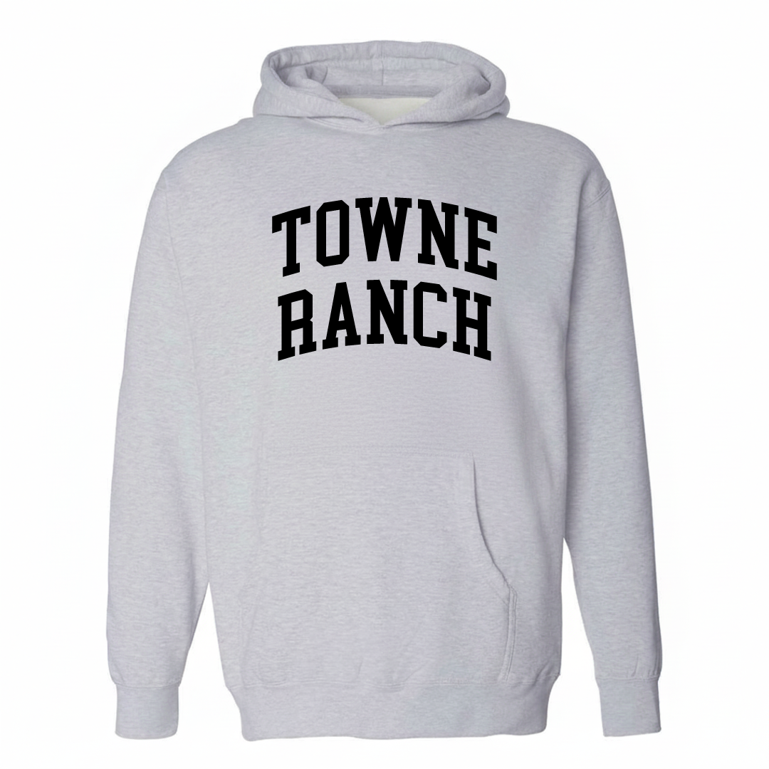 Heather-gray hoodie with the Towne Ranch varsity arched lettering design on the chest.