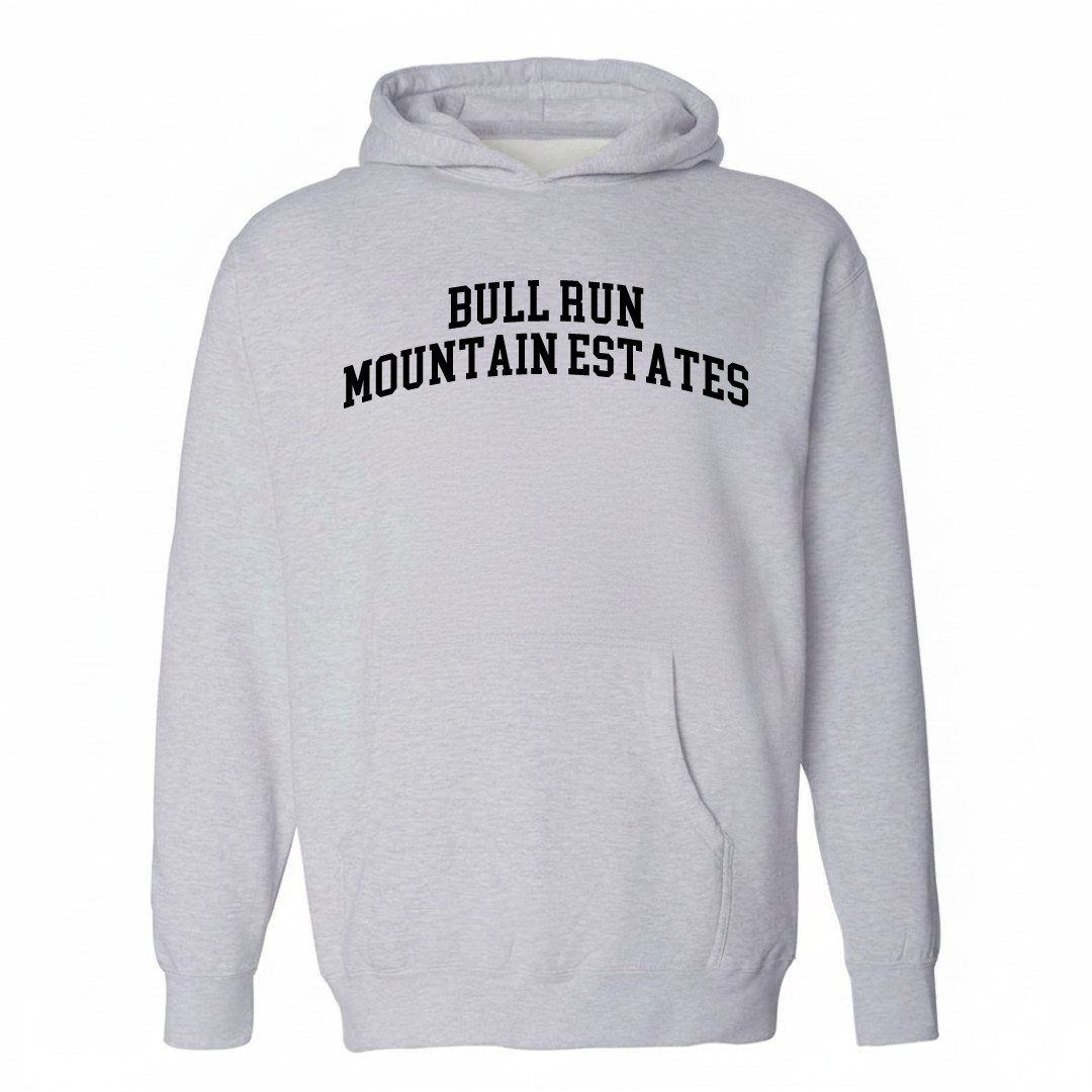 Heather-gray hoodie with the Bull Run Mountain Estates varsity arched lettering design on the chest.