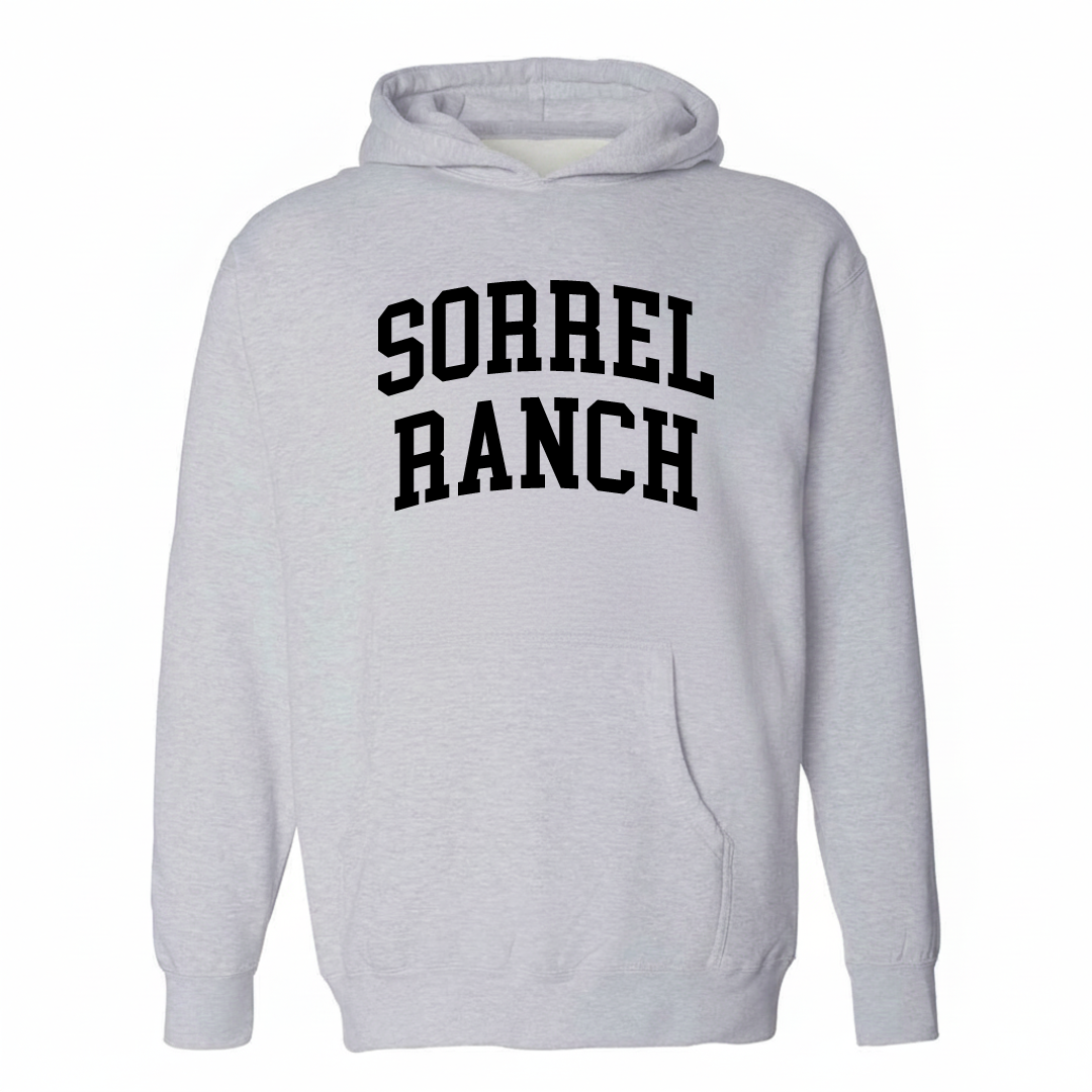 Heather-gray hoodie with the Sorrel Ranch varsity arched lettering design on the chest.