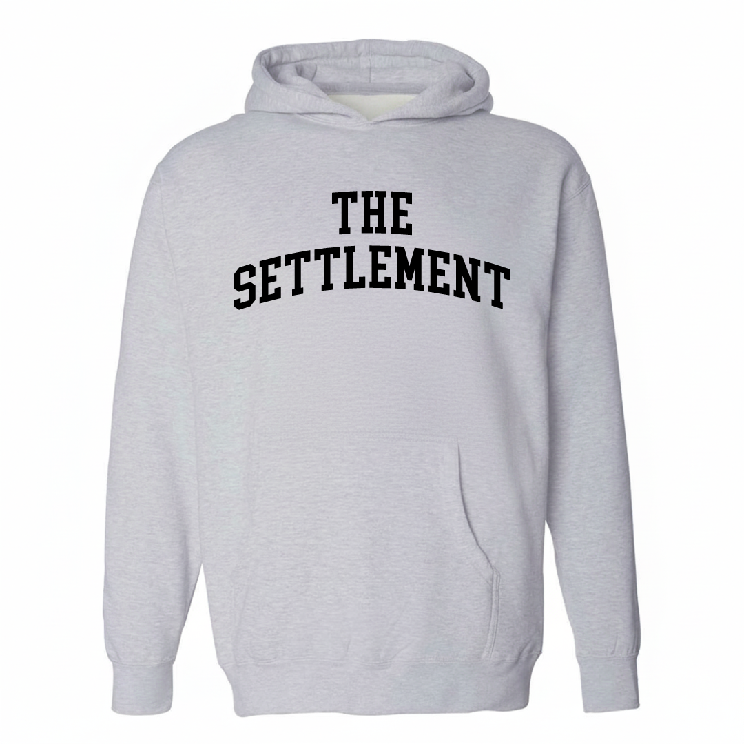 Heather-gray hoodie with The Settlement Round Rock arched lettering design on the chest.