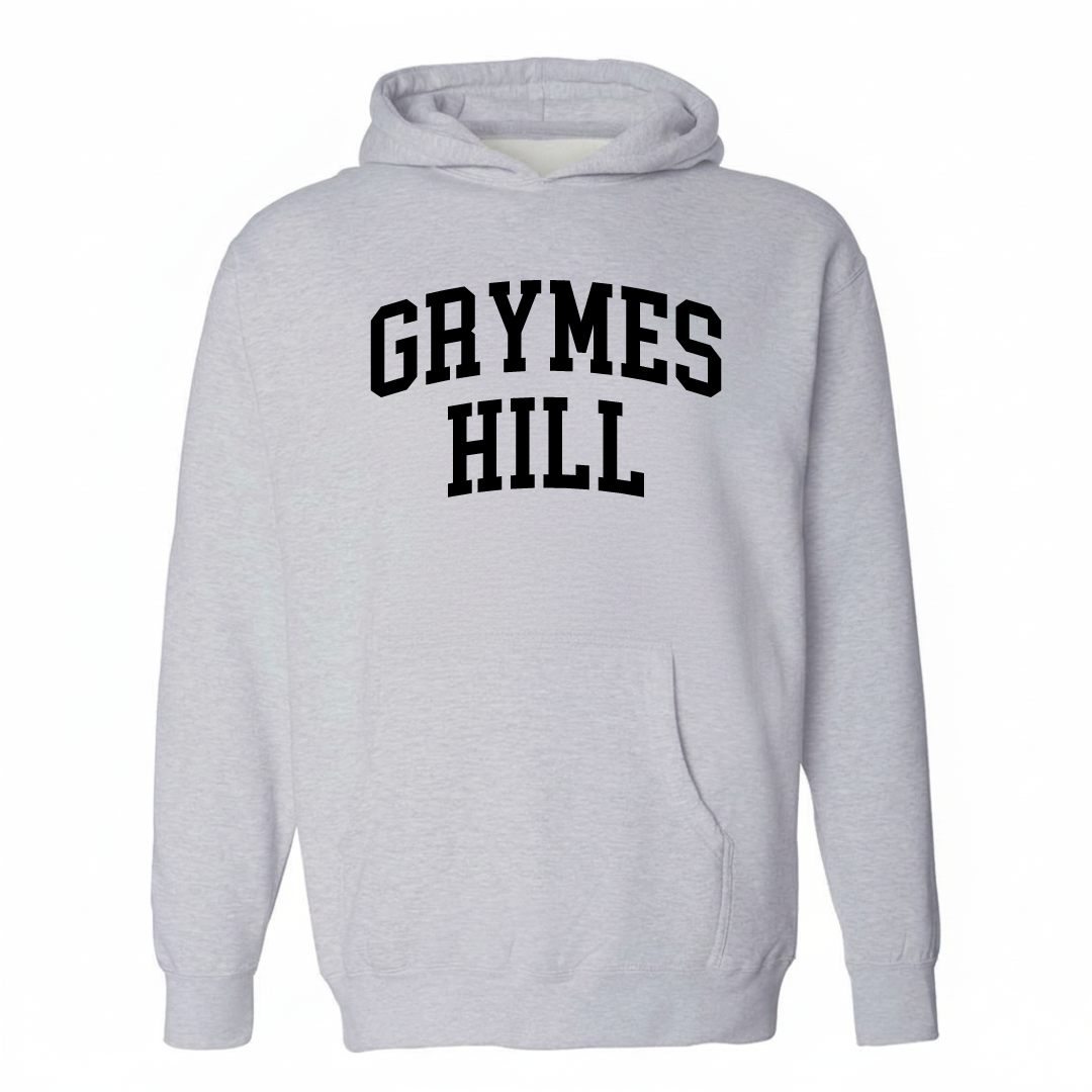 Heather-gray hoodie with the Grymes Hill varsity arched lettering design on the chest.