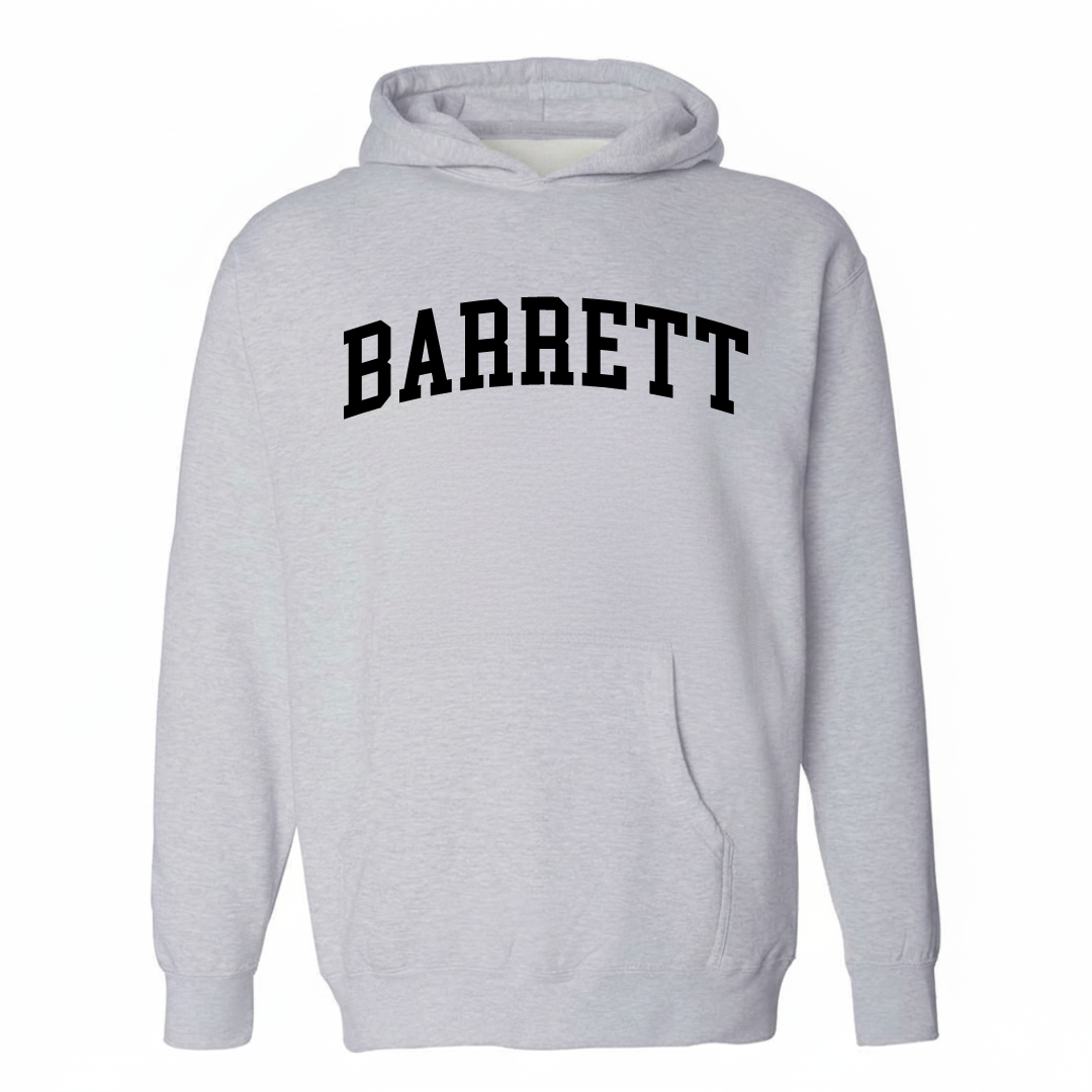 Heather-gray hoodie with the Barrett varsity arched lettering design on the chest.