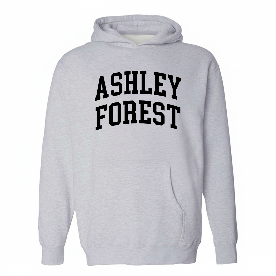 Heather-gray hoodie with the Ashley Forest varsity arched lettering design on the chest.
