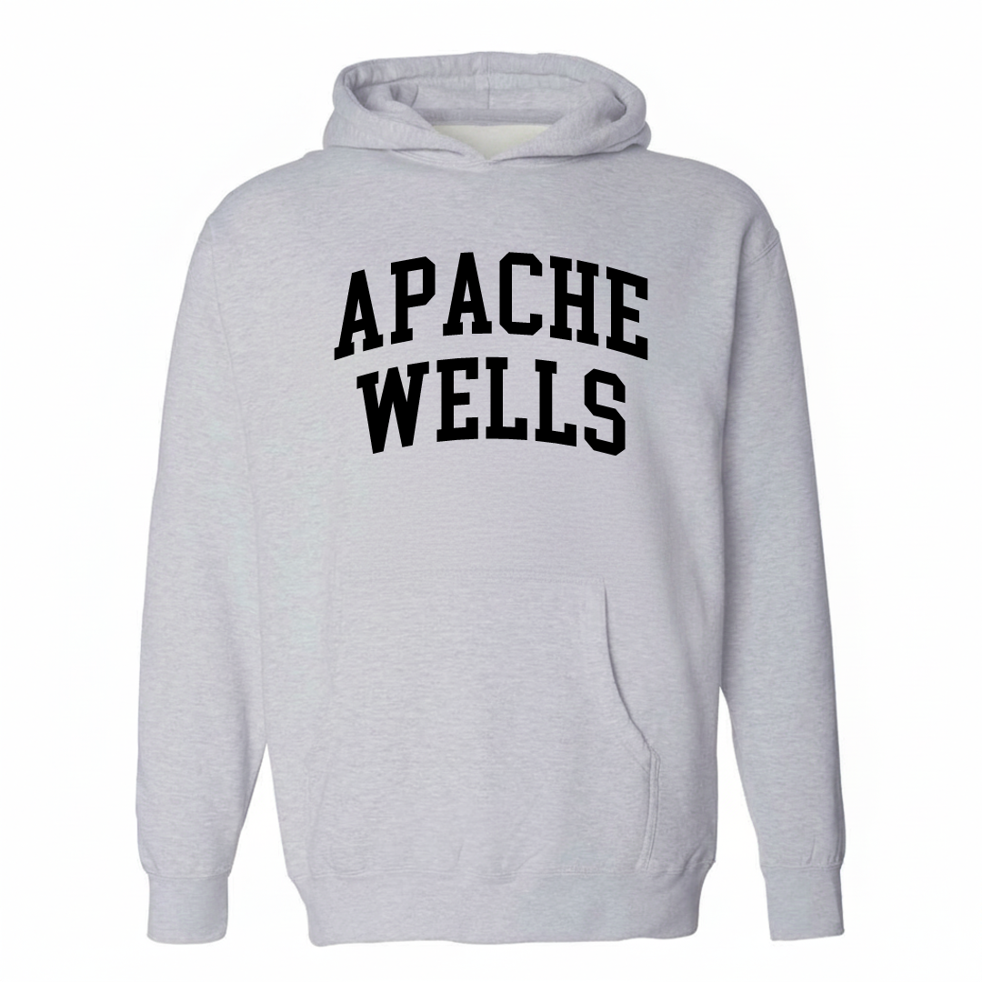 Heather-gray hoodie with the Apache Wells varsity arched lettering design on the chest.