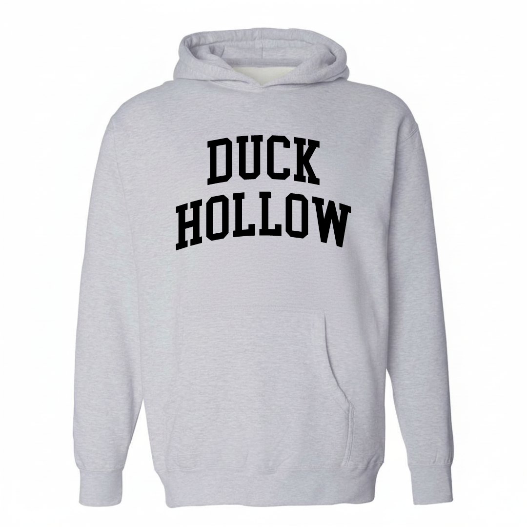 Heather-gray hoodie with the Duck Hollow varsity arched lettering design on the chest.