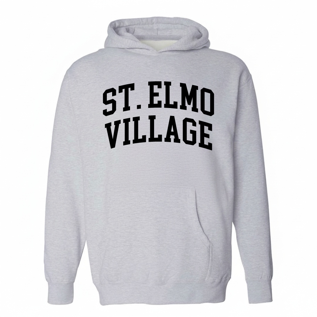 Heather-gray hoodie with the St. Elmo Village varsity arched lettering design on the chest.