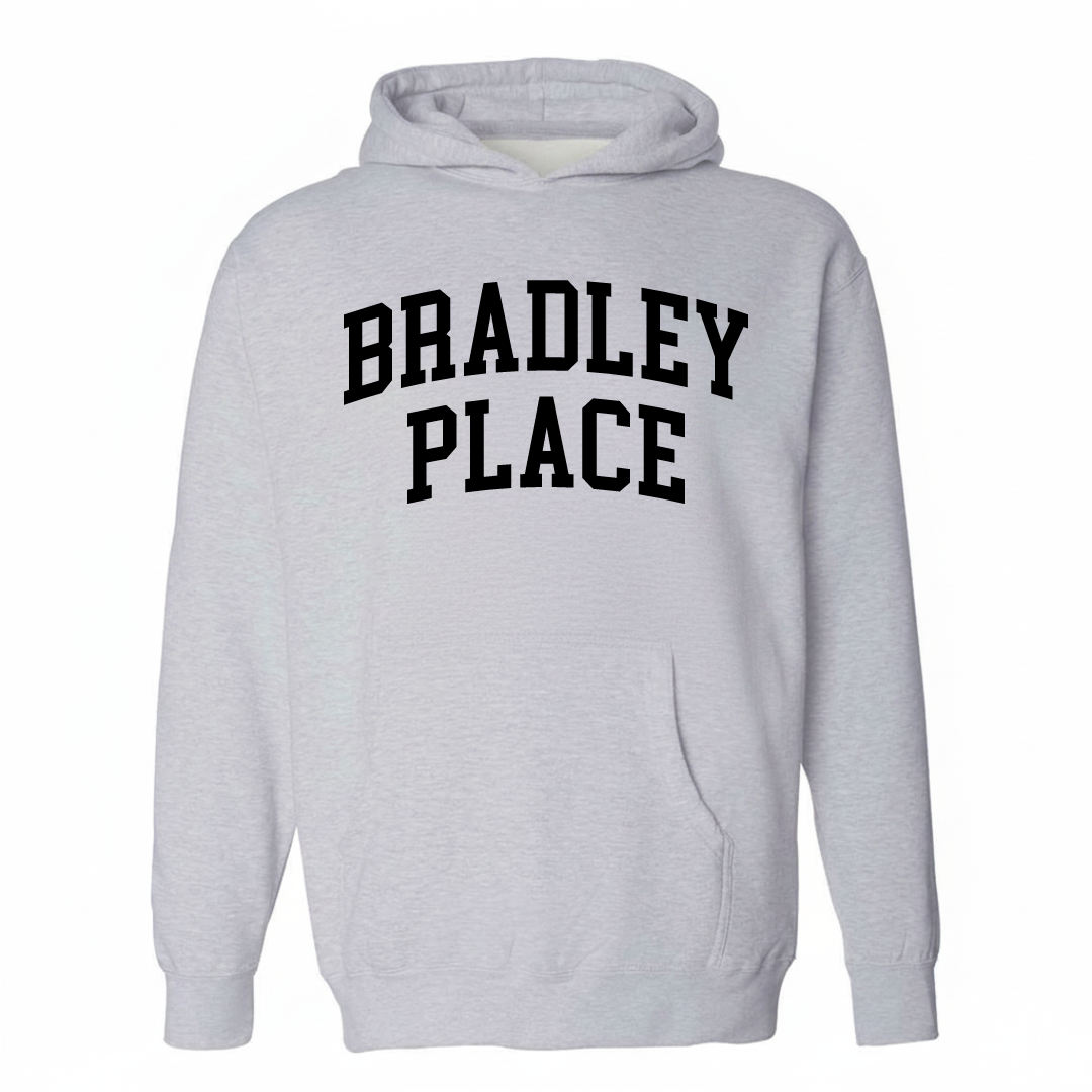 Heather-gray hoodie with the Bradley Place varsity arched lettering design on the chest.