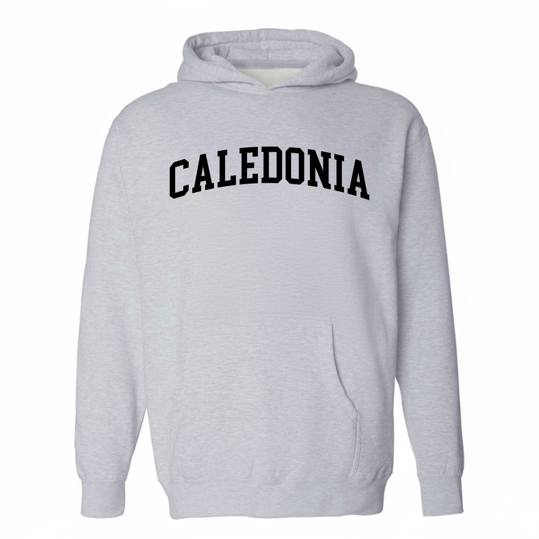 Heather-gray hoodie with the Caledonia arched lettering varsity-collegiate design on the chest.