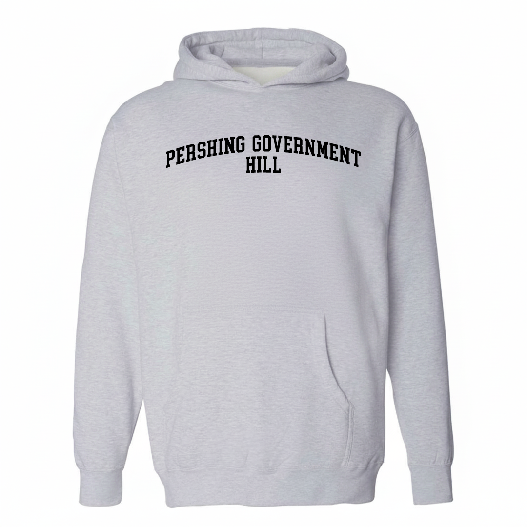 Heather-gray hoodie with the Pershing/Government Hill varsity arched lettering design on the chest.
