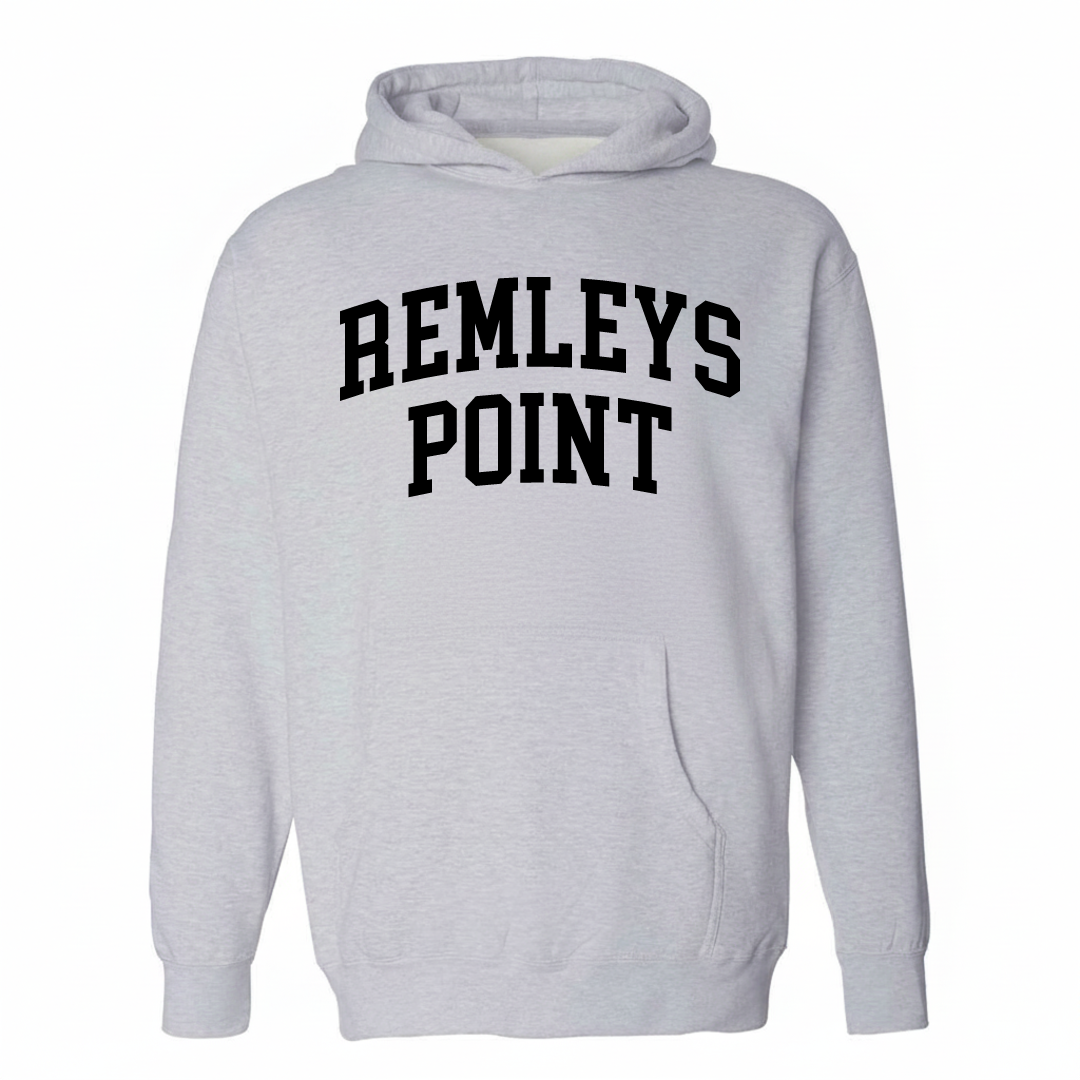 Heather-gray hoodie with the Remley's Point varsity arched lettering design on the chest.