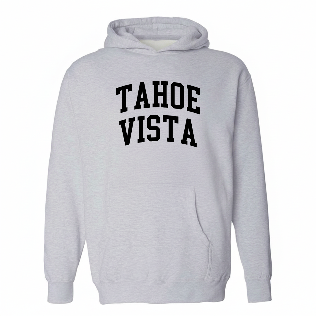 Heather-gray hoodie with the Tahoe Vista varsity arched lettering design on the chest.