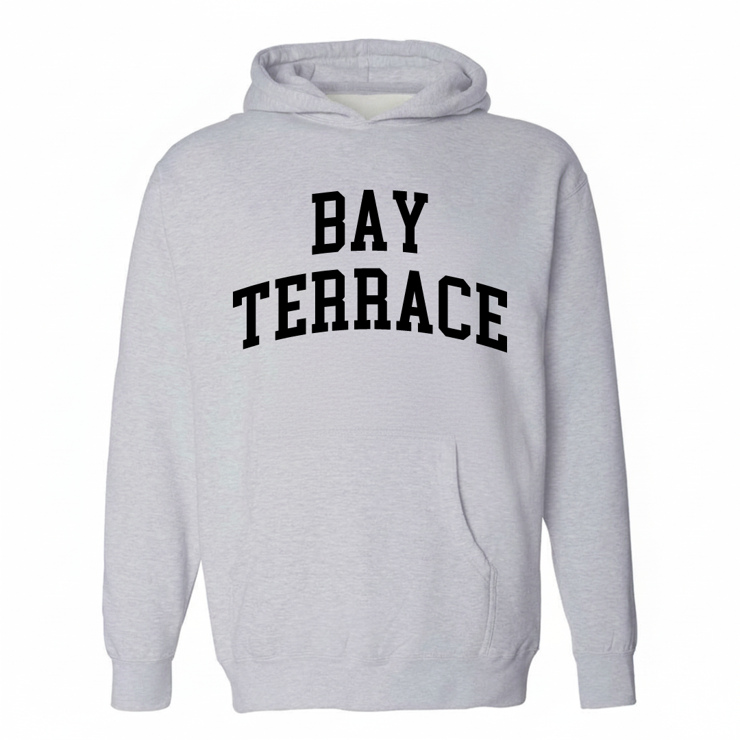 Heather-gray hoodie with the Bay Terrace varsity arched lettering design on the chest.