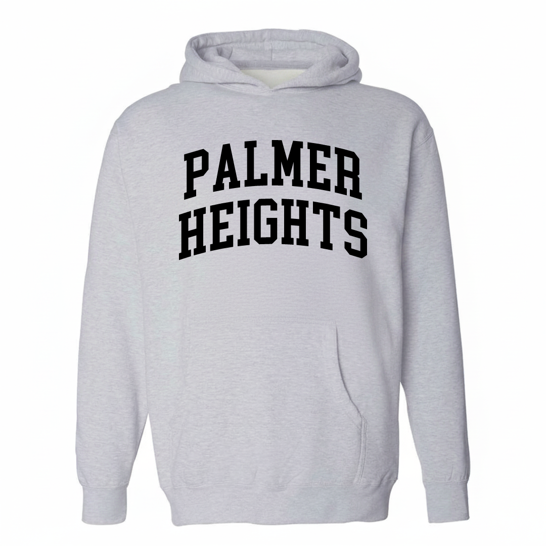 Heather-gray hoodie with the Palmer Heights varsity arched lettering design on the chest.