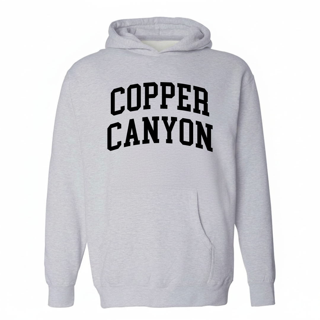 Heather-gray hoodie with the Copper Canyon varsity arched lettering design on the chest.