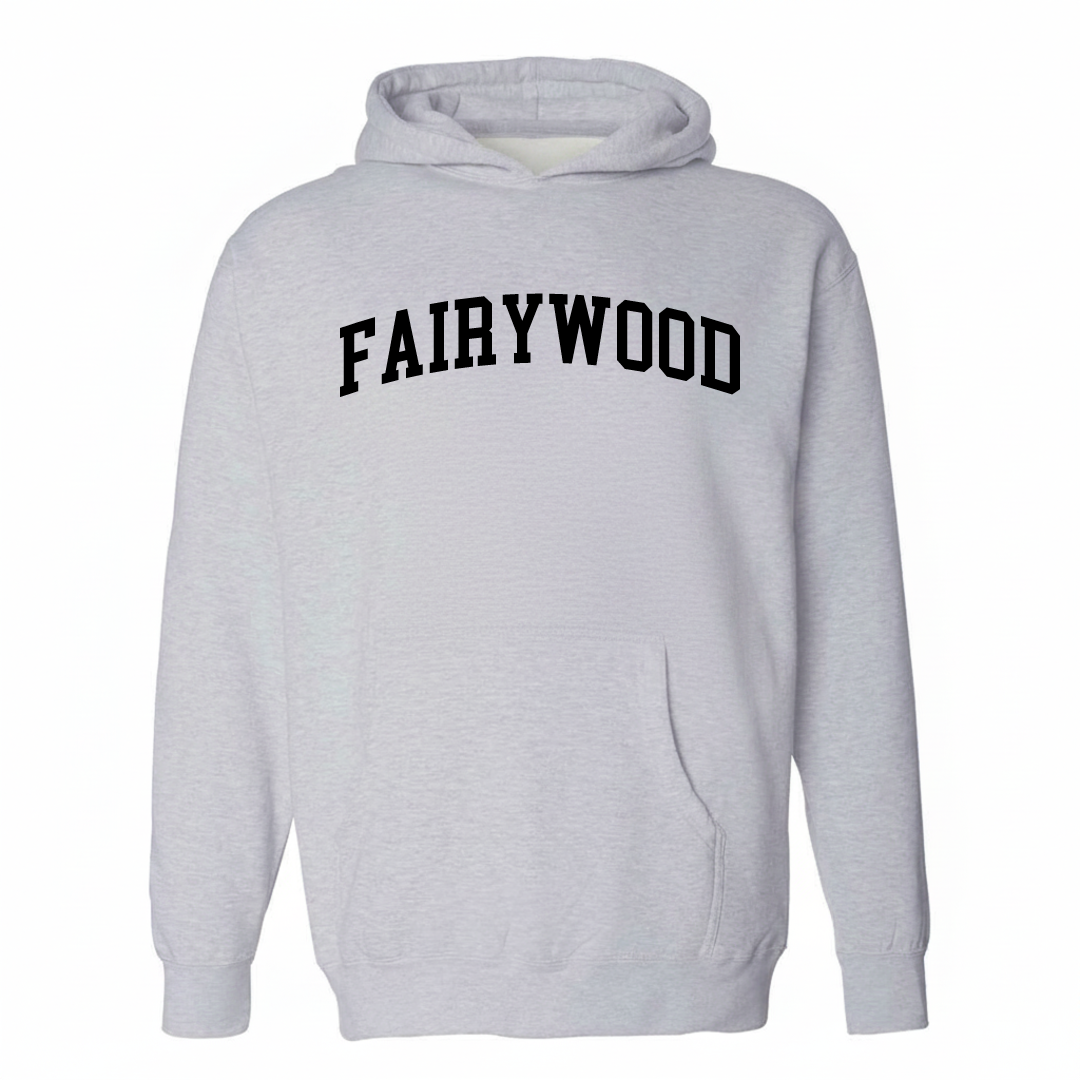Heather-gray hoodie with the Fairywood varsity arched lettering design on the chest.