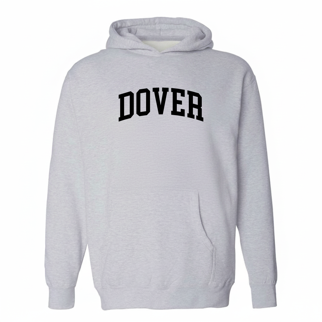 Heather-gray hoodie with the Dover arched lettering varsity-collegiate design on the chest.