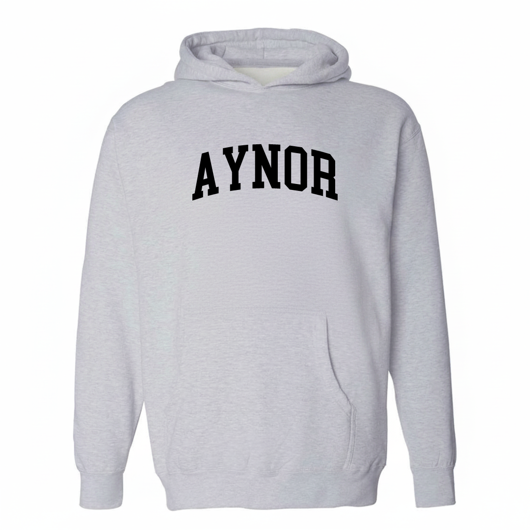 Heather-gray hoodie with the Aynor varsity arched lettering design on the chest.