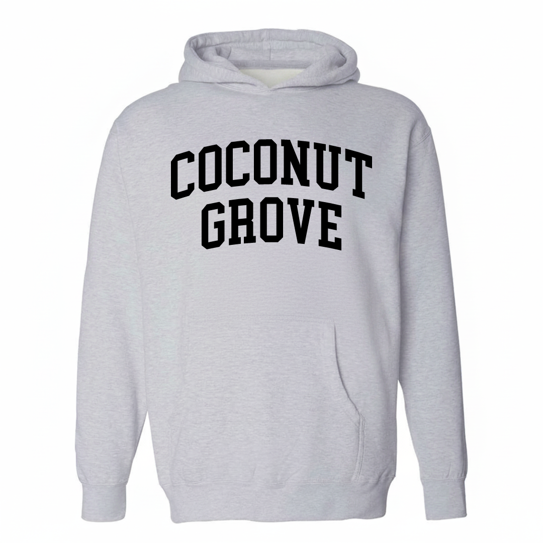Heather-gray hoodie with the Coconut Grove varsity arched lettering design on the chest.