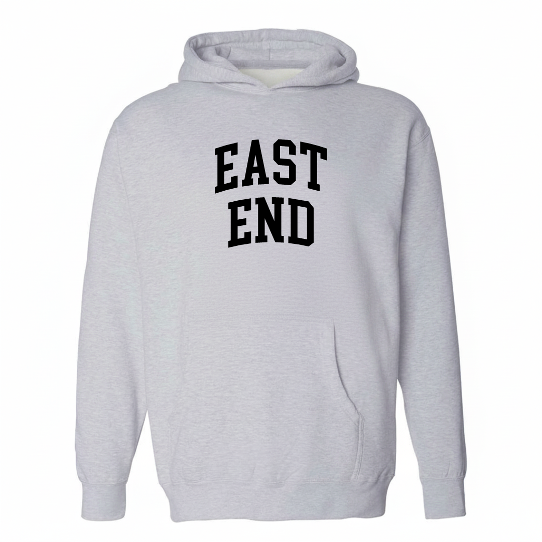 Heather-gray hoodie with the East End varsity arched lettering design on the chest.