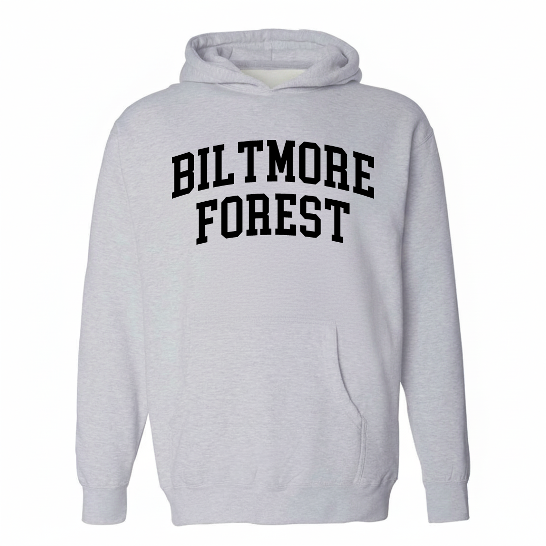 Heather-gray hoodie with the Biltmore Forest arched lettering varsity design on the chest.
