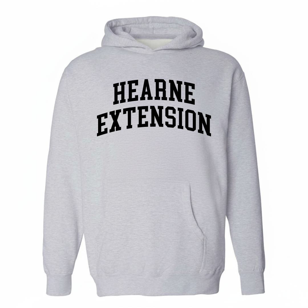 Heather-gray hoodie with the Hearne Extension varsity arched lettering design on the chest.