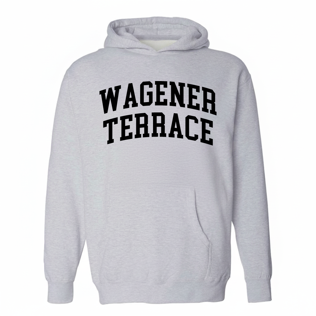Heather-gray hoodie with the Wagener Terrace varsity arched lettering design on the chest.