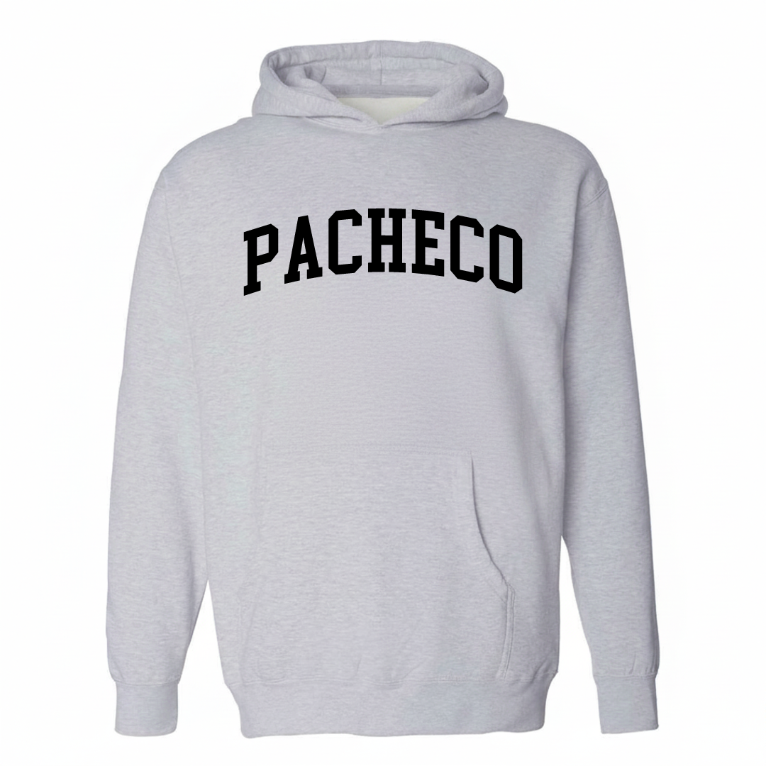 Heather-gray hoodie with the Pacheco arched varsity lettering design on the chest.