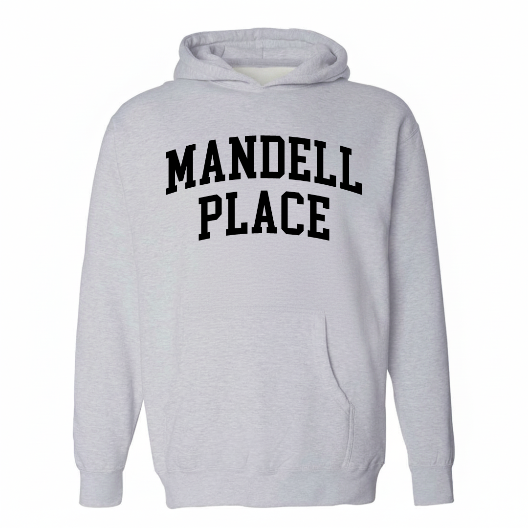 Heather-gray hoodie with the Mandell Place varsity arched lettering design on the chest.