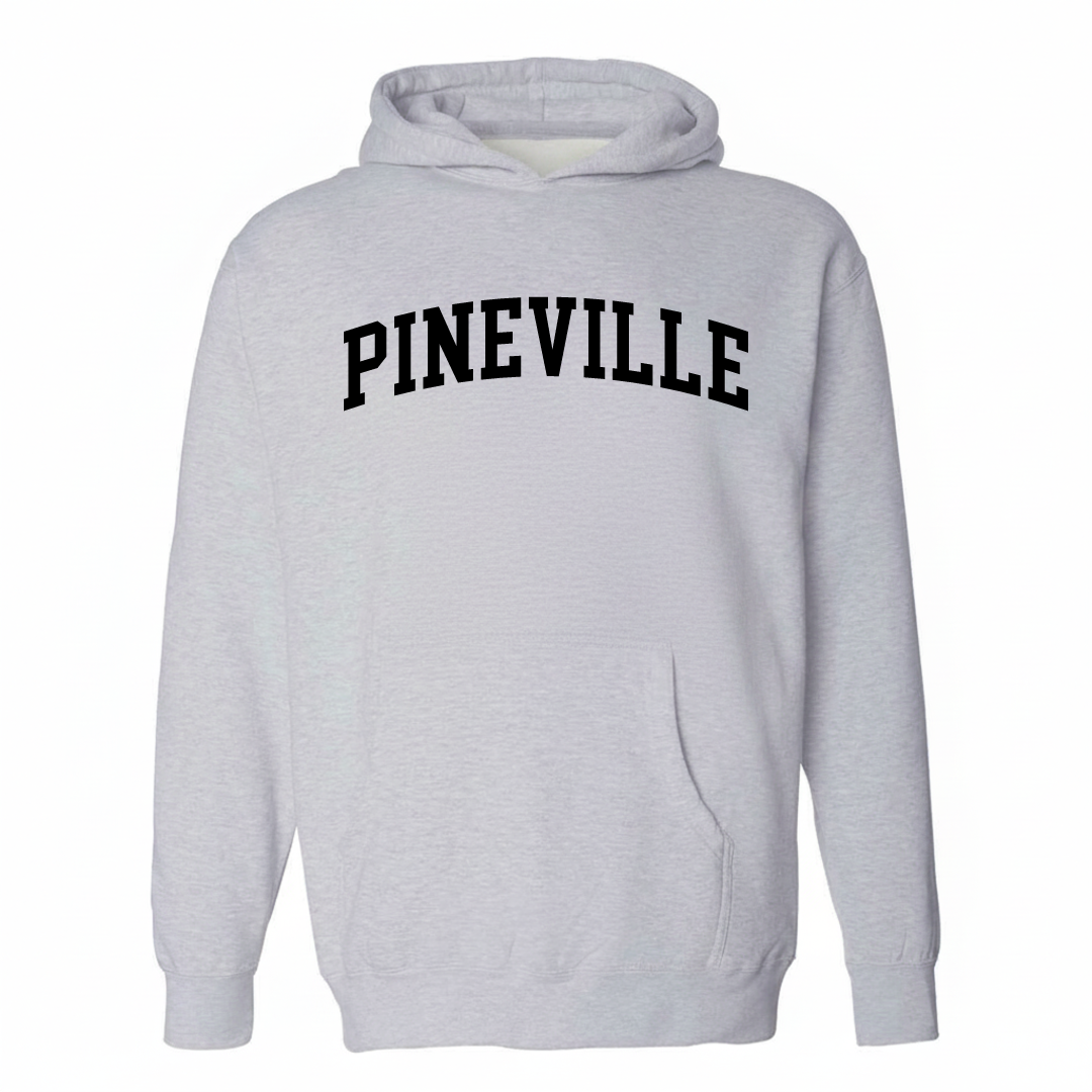 Heather-gray hoodie with the Pineville arched lettering varsity-collegiate design on the chest.