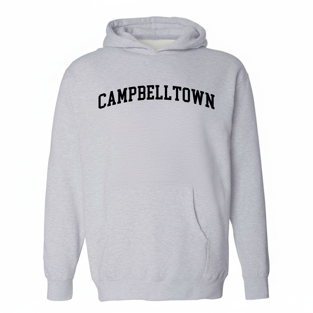 Heather-gray hoodie with the Campbelltown varsity arched lettering design on the chest.