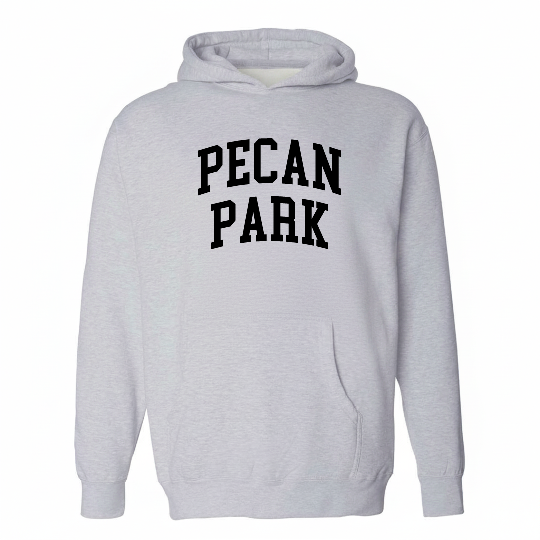 Heather-gray hoodie with the Pecan Park varsity arched lettering design on the chest.