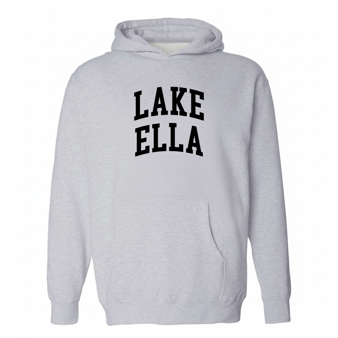 Heather-gray hoodie with the Lake Ella varsity arched lettering design on the chest.