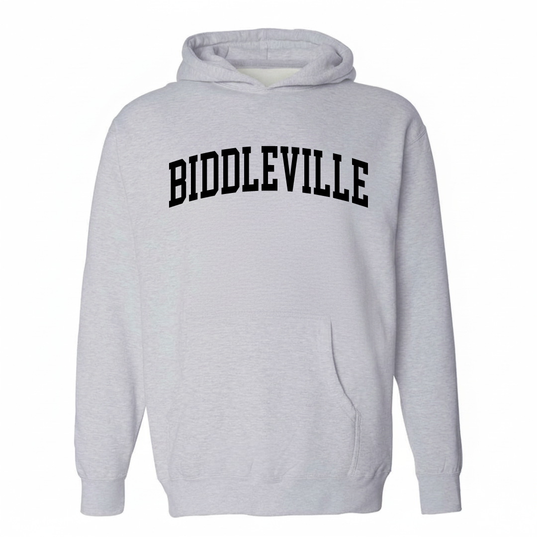 Heather-gray hoodie with the Biddleville varsity arched lettering design on the chest.