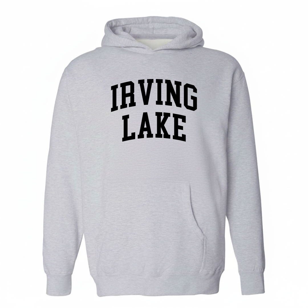 Heather-gray hoodie with the Irving Lake varsity arched lettering design on the chest.